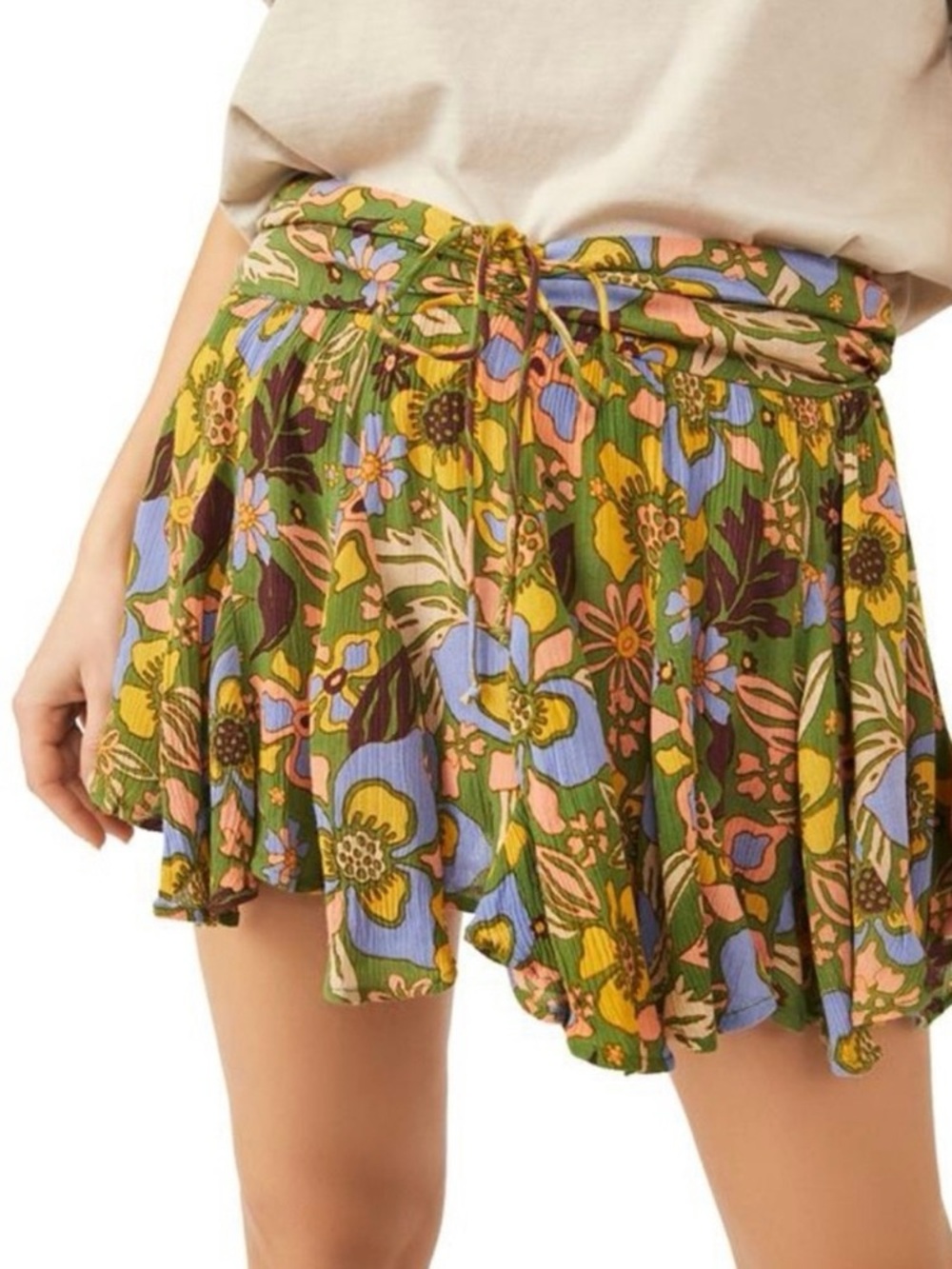 Free People Ellie Green Floral Print Mini Skort Smocked Size S